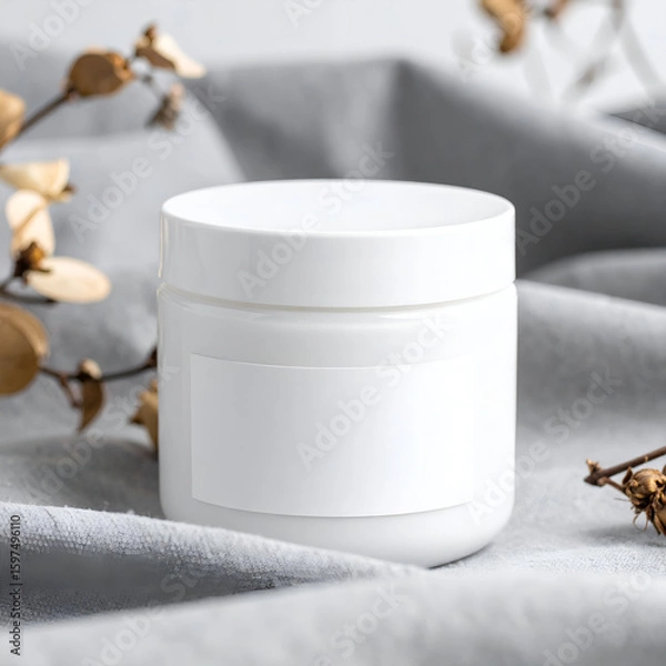 Obraz A minimalist white jar on soft fabric, ideal for skincare or cosmetic products.