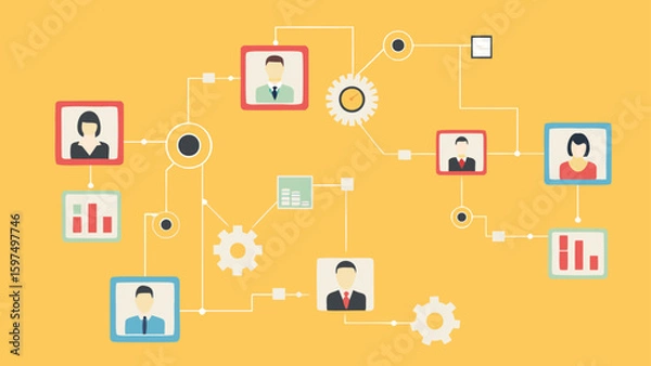 Fototapeta Illustration showing a network of connected people and data points on a yellow background design layout