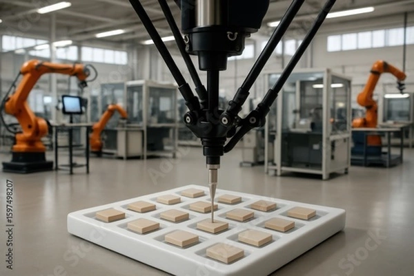 Fototapeta Robotic arm precisely placing items in a tray in a modern factory setting
