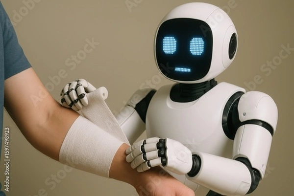 Fototapeta Friendly humanoid robot assisting a person with a medical procedure