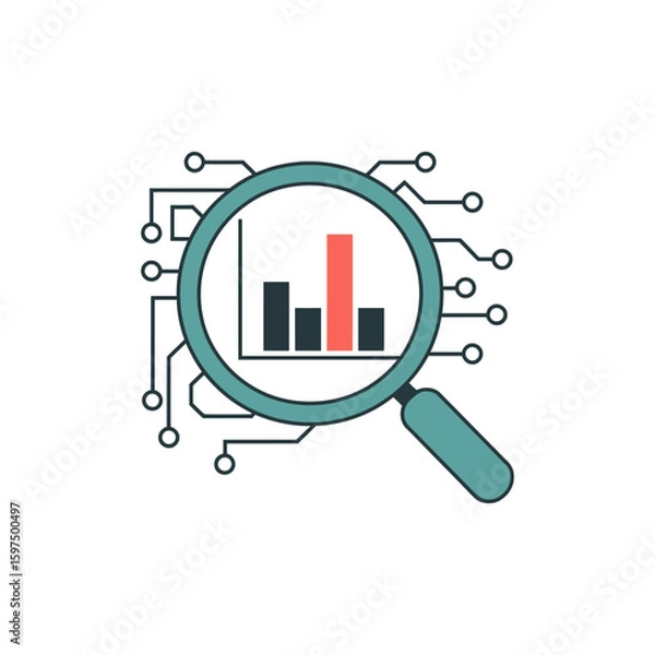 Fototapeta Data analysis with technology focus using a magnifying glass over a graph in a circuit board