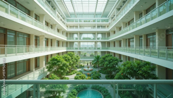 Fototapeta Modern hotel atrium with multiple floors, glass railings, lush green plants, and central water feature, illuminated by natural light from glass ceiling, creating bright and inviting atmosphere