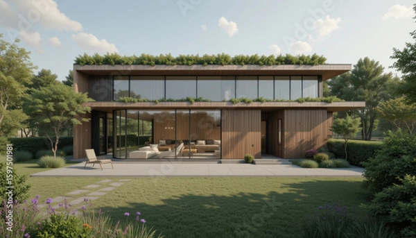 Fototapeta Modern two story house with large glass windows, wooden exterior, and lush greenery surrounding it, featuring spacious patio and landscaped garden, under partly cloudy sky