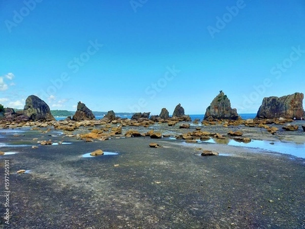 Obraz 串本橋杭岩の青い空と干潮の海辺