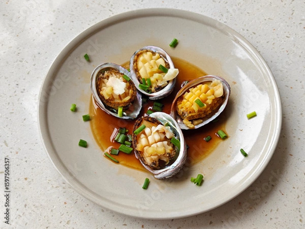 Fototapeta fresh braised abalones with green scallion in the soy sauce for eating