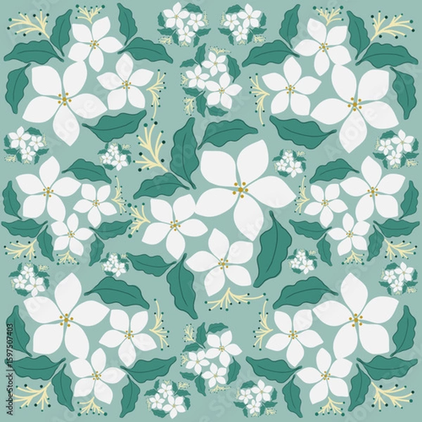 Fototapeta Jasmine flower pattern, seamless, Thai pattern, fabric pattern for textile, wallpaper, clothing, sarong, batik, wrap, embroidery, print, background, cover, carpet, illustration.