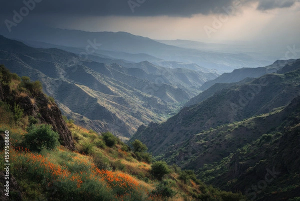 Obraz breathtaking view of ridge line in armenia unfolds under dramatic overcast sky showcasing captivating geometric