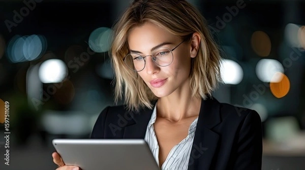 Obraz Smart Professional: A focused businesswoman in glasses diligently works on her tablet, exuding an air of intelligence and competence under low-light conditions. 