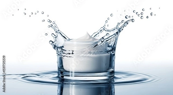Fototapeta A dynamic splash of water surrounds a jar of white cosmetic cream in a glass container