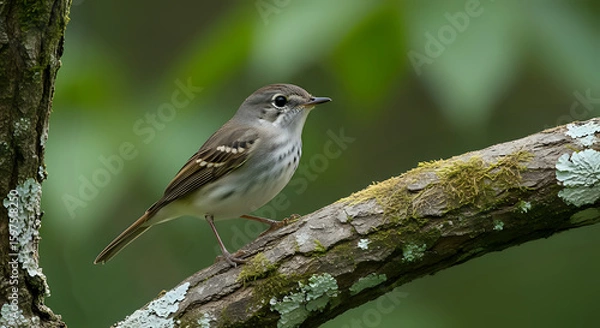 Fototapeta A small bird with brown and white feathers perched on a mossy branch in a natural setting outdoors