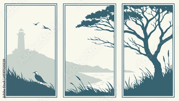 Fototapeta Vector Serene triptych of abstract landscapes showcases lighthouse, birds, and tree