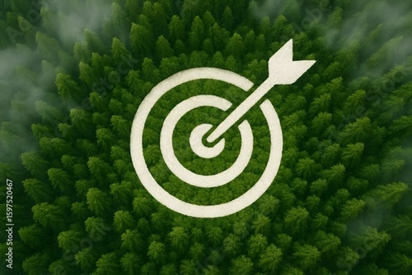Fototapeta Aerial view of white target symbol with arrow embedded in dense green forest representing sustainability and environmental precision