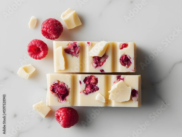 Fototapeta A halved tablette chocolat blanc framboise with raspberry filling.