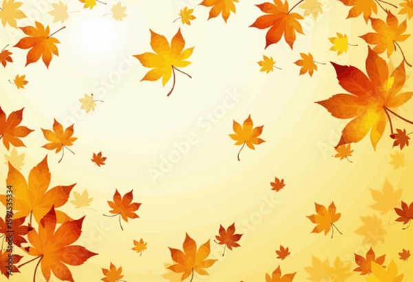 Fototapeta Autumn leaves falling against a soft golden background  