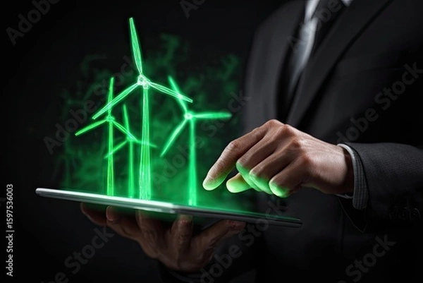 Fototapeta Businessman interacts with a digital tablet displaying glowing wind turbines