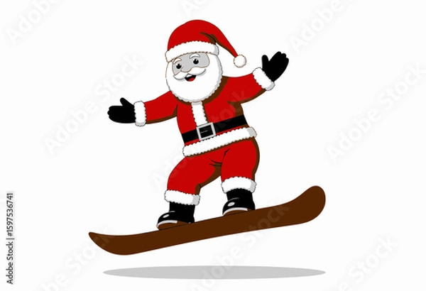 Fototapeta Santa Claus snowboarding with cheerful expression on white background  