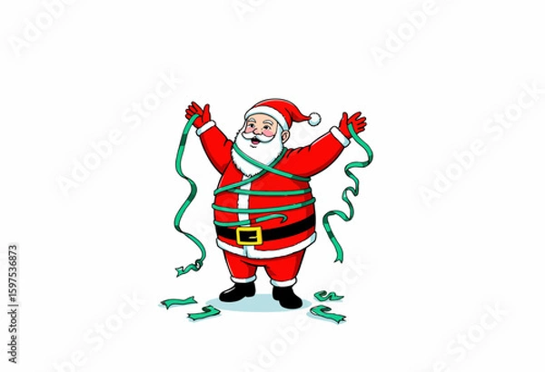 Obraz Cartoon Santa Claus tangled in green ribbon and smiling cheerfully  