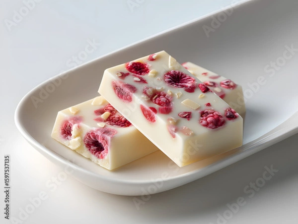 Fototapeta A halved tablette chocolat blanc framboise with raspberry filling.