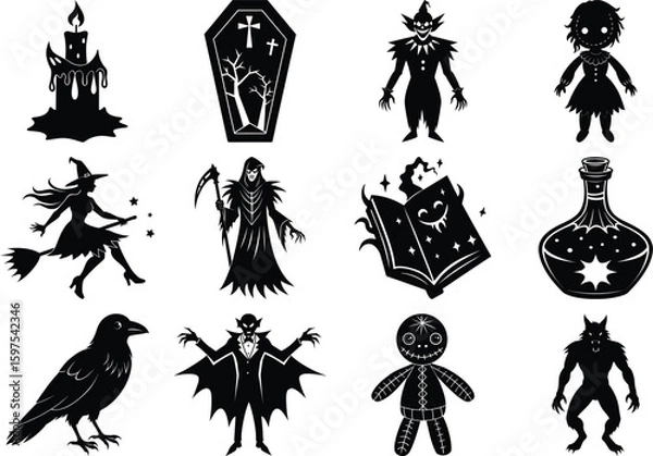 Fototapeta Vector art of a collection of spooky halloween icons in silhouette isolated on transparent background