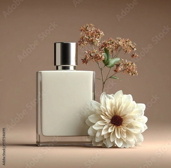 Obraz 3D Render of Minimalist Perfume Bottle with White Box Mockup and  Flower on Light Beige Background, Luxury Product Presentation