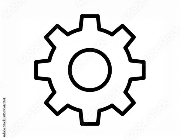 Fototapeta Flat black gear icon for settings, white background, simple outline, UI vector style