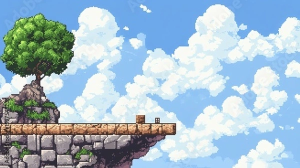 Obraz Pixelated cliffside platform, a small tree on a rocky ledge, against a bright sky with puffy clouds