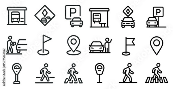 Fototapeta Transportation and parking outline icons set – traffic, location, public transport symbols