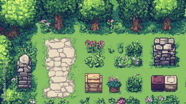 Obraz Pixel art collection of garden elements