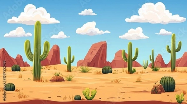 Obraz Desert landscape, cacti, rocks, blue sky