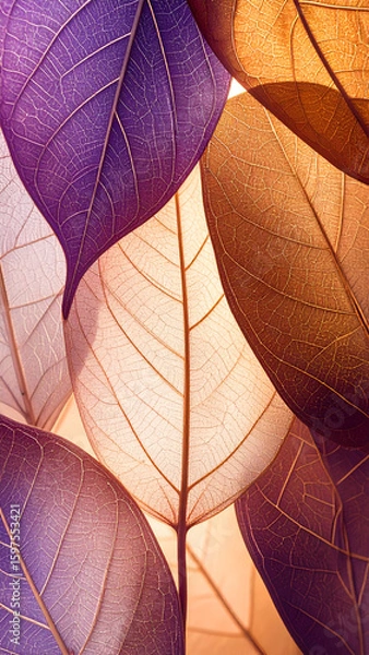 Fototapeta A close-up of translucent leaves in shades of purple and orange, creating a serene backdrop.