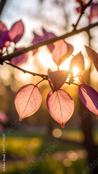 Fototapeta A close-up of vibrant leaves illuminated by sunlight, creating a serene atmosphere.