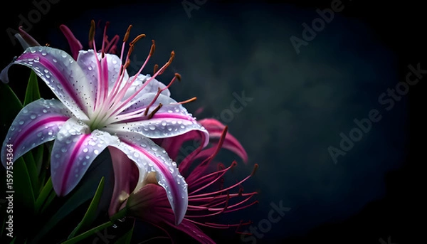 Fototapeta A close-up of vibrant pink and white lilies adorned with droplets on a dark background.
