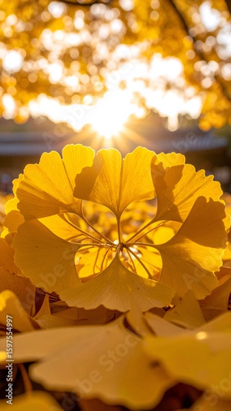 Fototapeta A close-up of vibrant yellow ginkgo leaves with sunlight shining through.