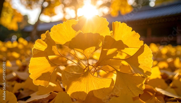 Fototapeta A close-up of vibrant yellow ginkgo leaves with sunlight filtering through them.