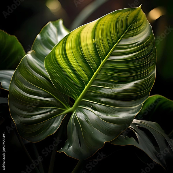 Fototapeta A close-up view of a vibrant green leaf with intricate textures and patterns.