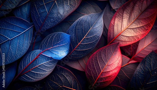Fototapeta A close-up of vibrant, textured leaves in shades of blue and red, creating a striking pattern.