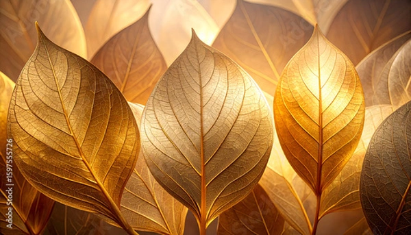 Fototapeta A close-up view of golden leaves, showcasing intricate textures and warm lighting.