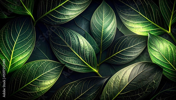 Fototapeta A close-up view of lush green leaves with intricate veins and textures.