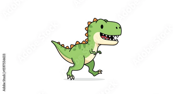 Fototapeta Adorably cartoonish green tyrannosaurus rex walking playfully with joyful expression and jagged spikes along its back