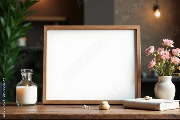 Fototapeta Elegant wedding photo display on rustic wood table, presentation, decor