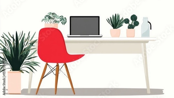 Fototapeta A minimalist, home office scene featuring a red chair, laptop, and various potted plants on a white table