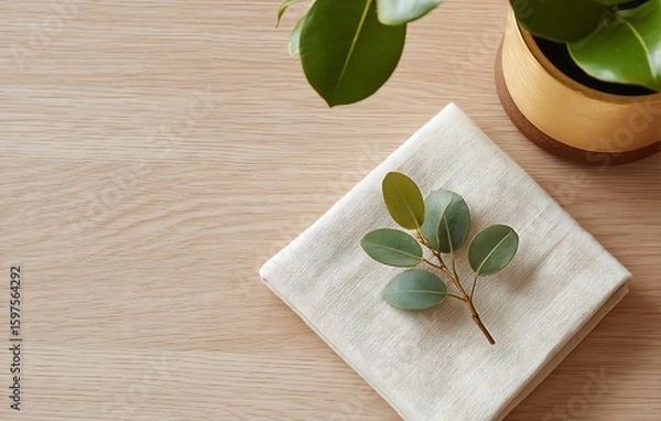 Fototapeta Eucalyptus Branch on Square White Coaster on Wooden Table