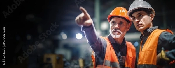 Obraz The construction workers discussing plans in a dynamic industrial setting.