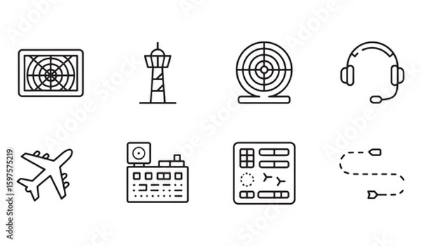 Obraz Airplane radar air traffic control tower headphones control panel and flight path icons aircraft aviation