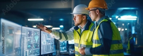 Obraz The engineers analyzing data on multiple computer screens in a modern workspace