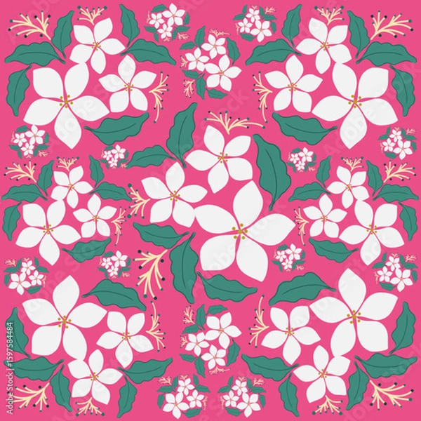 Fototapeta Jasmine flower pattern pink background Thai pattern, fabric pattern for textile, wallpaper, clothing, sarong, batik, wrap, embroidery, print, background, cover, carpet, illustration.