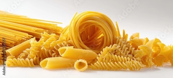 Fototapeta The vibrant display of assorted pasta varieties on a clean background