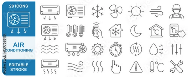 Fototapeta Air Conditioning editable stroke line icon symbol set. Air conditioner thin line icons collection. Air Conditioning outline icon pack. Vector illustration image. Isolated on white background.