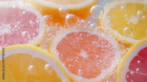 Fototapeta Refreshing citrus slices submerged in sparkling water with vibrant bubbles creating a dynamic visual.