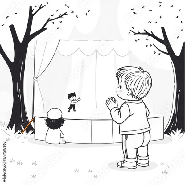 Fototapeta A toddler clapping at a puppet show in the park